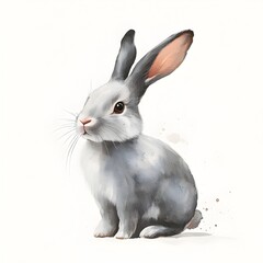 Obraz premium An adorable grey bunny rabbit sits on a white background looking curiously towards the viewer in a charming illustration.