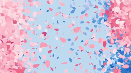 Cherry blossoms flying in the sky, pink petals on a blue background