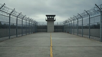 A guard tower stands in the middle of a fenced in area, perfect for use in scenes related to security or confinement