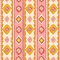 Geometric patterned design with vertical stripes, featuring diamond shapes in various shades of pink