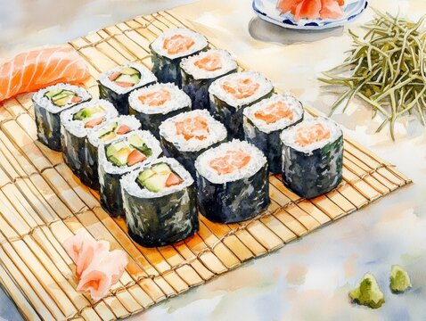 Watercolor Illustration of Sushi Rolls on Bamboo Mat

