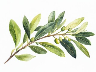 Naklejka premium Watercolor Olive Branch with Green Olives and Leaves on White Background Botanical Illustration