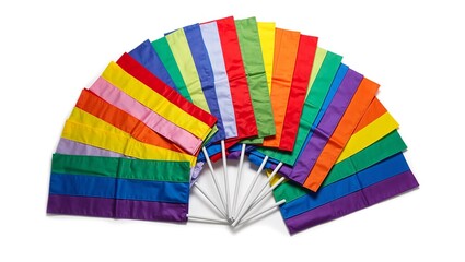 Colorful pride flags in a vibrant fan display each stripe distinct and bright against a white background Perfect for diverse and inclusive concepts