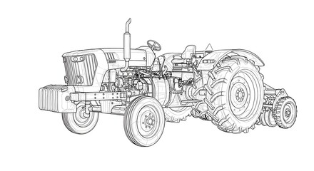 Obraz premium Tractor Outline Drawing Detailed Technical Illustration of Farming Vehicle