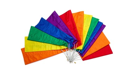 Obraz premium Colorful pride flags in a vibrant fan display each stripe distinct and bright against a white background Perfect for diverse and inclusive concepts