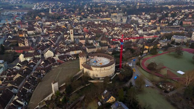 Fort Munot, Schaffhausen, Switzerland aerial view in winter warm weather at dawn. Munot ist Zirkularfestung im Zentrum schweizerischen Stadt Schaffhausen auf Emmersberg in der Schweiz Luftaufnahme. 