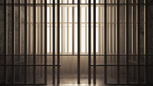 A close-up view of prison cell bars in front of a window, representing confinement and hope