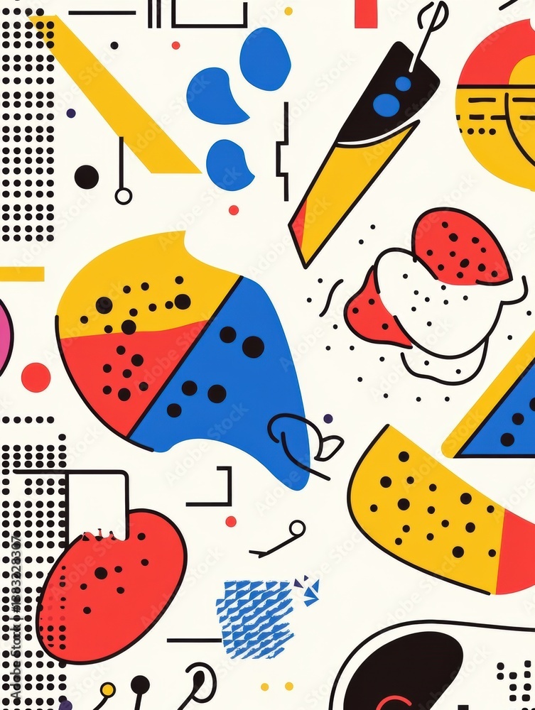 Poster memphis style pop-art background with abstract food shapes and vibrant geometric colors