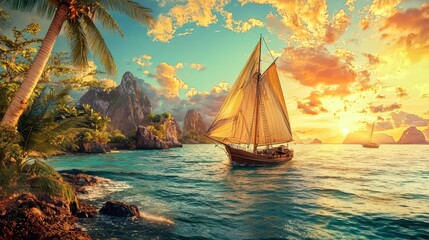 Sunset Sailboat Paradise: Tropical Island Escape