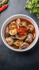 Fototapeta premium A vibrant bowl of Thai stir-fried clams with roasted chili paste is presented on a dark background garnished with fresh herbs offe a delicious and authentic culinary