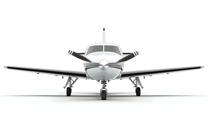 Fototapeta premium A pristine white twin-engine propeller airplane is perfectly centered against a stark white background, ready for takeoff or showcasing sleek design.