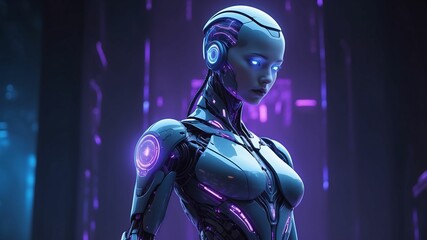 Futuristic Female Robot Analyzing Data