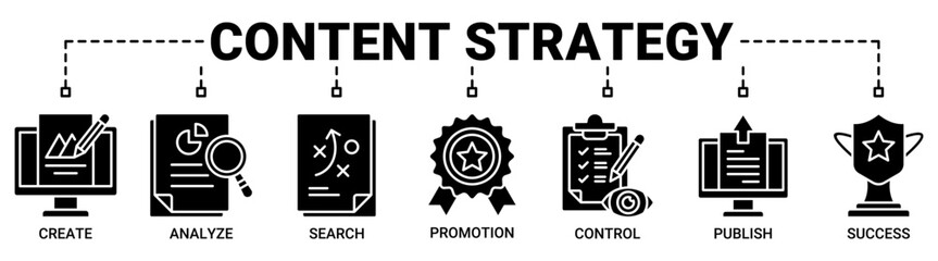 Content strategy banner web icon vector illustration concept with icon of create, analyze, planning, promotion, control, publish and success icons solid black color symbol background.