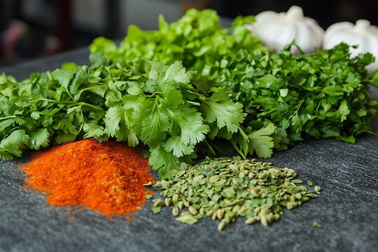 High-definition image of fresh green herbs and vibrant spices, creating a lively food background on slate.