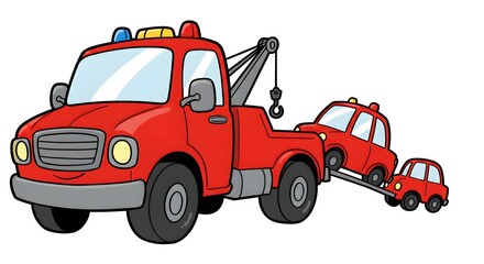 Fototapeta premium Cartoon Tow Truck Towing Two Cars Illustration on White Background