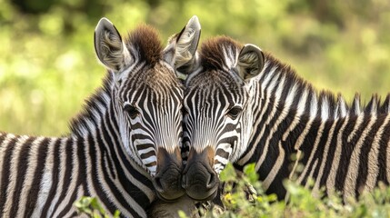 Naklejka premium Zebra foal resting its head on another zebra