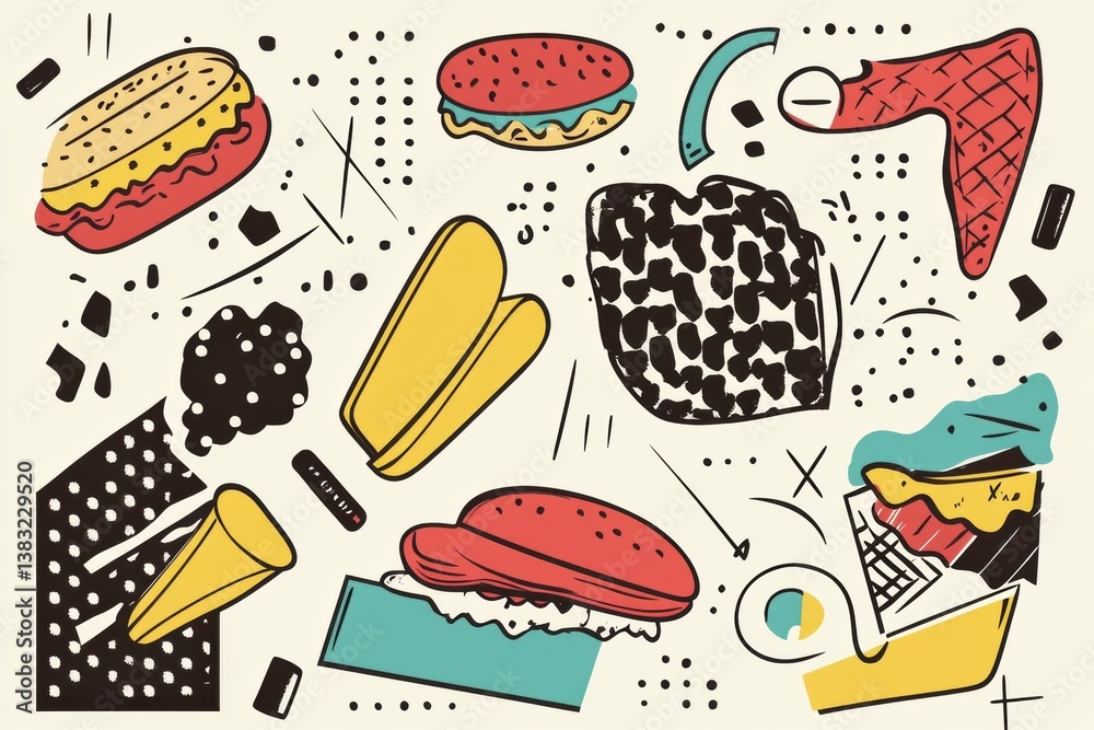 Aufkleber memphis style pop-art background featuring colorful abstract food shapes and geometric elements