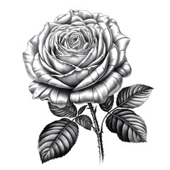 Black and White Rose Illustration with Leaves and Thorns Design