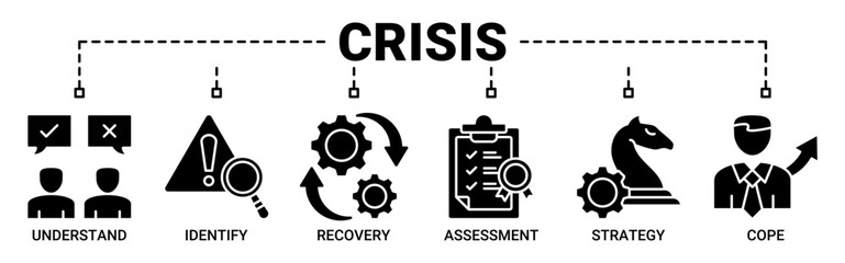 Crisis banner web icon vector concept illustration with icons solid black color vector symbol background.
