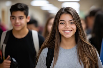 A teenage girl with straight hair smiles brightly at the camera amidst a busy school hallway, capturing the essence of school life and youthful energy.