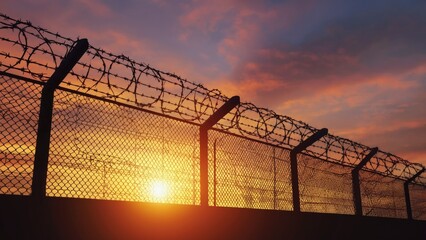 A fence with barbed wire at sunset, perfect for use as a symbol of separation or confinement