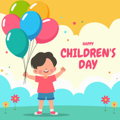 Poster Design Background of Child Holding Several Colorful Balloons. Pro Illustration for World Children's Day
