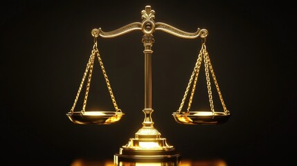 Corporate integrity depicted by elegant golden scales, split lighting creating dynamic contrast, symmetrical balance