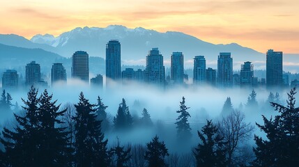 Fototapeta premium Vancouver Skyline Enshrouded in Mystical Fog and Mountain Backdrop Scenery