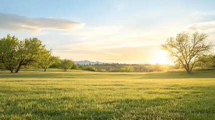 Football field, sunset glow over green grass, in a rural open space, empty and peaceful, high contrast shadows
