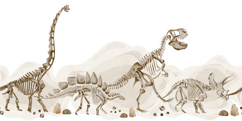 Seamless border with dinosaur skeletons and pebbles. Light background. Theranosaurus, traceratops and stegosaurus go one after another. Watercolor illustration. Hand drawn. © Alena Sid