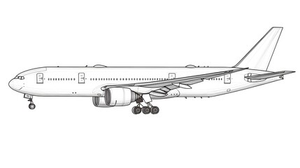Detailed line drawing illustration of a large passenger jet airplane in side profile view perfect for aviation industry publications or educational
