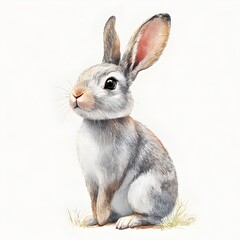 Obraz premium An adorable grey bunny rabbit sits attentively on a patch of grass against a pure white background.