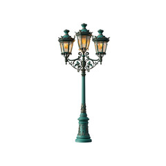 A vintage-style street lamp featuring intricate designs and multiple glowing lanterns, providing a warm, inviting illumination.