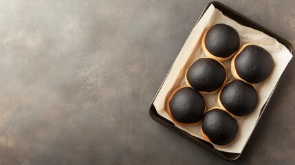 Burnt bread rolls on baking tray overhead
