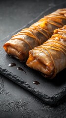 Delicious and savory Chinese rice noodle rolls Cheung Fun drizzled with a sweet caramel sauce are presented on a dark slate serving board ready to be enjoyed.