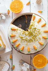 Delicious easter cake. Traditional swiss carrot cake with decoration
