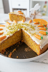 Delicious easter cake. Traditional swiss carrot cake with decoration