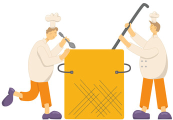 Professional cook, chef at work, cooking food, preparing dishes in restaurant kitchen, preparation process for design template menu or decoration.