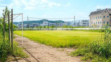 Obraz premium Football field, dry pitch with visible dust, on a school field, with kids playing football, stadium floodlights on