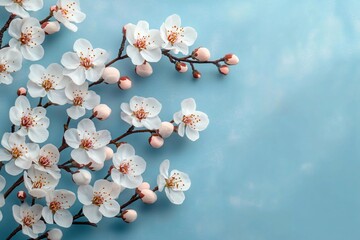 Delicate cherry blossom branches with white petals and pink buds on a pale blue background, ideal for wedding invites, Mother's Day cards, or spring-themed designs.