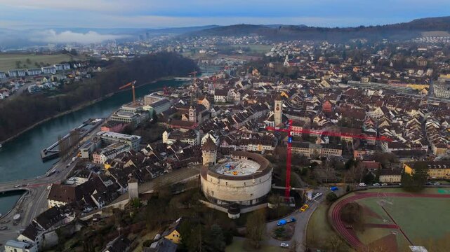 Fort Munot, Schaffhausen, Switzerland aerial view in winter warm weather at dawn. Munot ist Zirkularfestung im Zentrum schweizerischen Stadt Schaffhausen auf Emmersberg in der Schweiz Luftaufnahme. 
