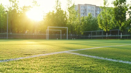 Football field, perfectly manicured pitch, in an urban neighborhood, empty and peaceful, soft golden hour