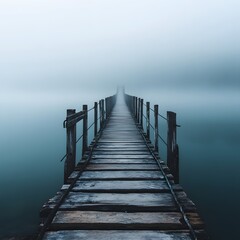 Fototapeta premium Misty Wooden Bridge Across Calm Water