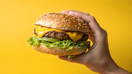 Juicy Cheeseburger Close-Up on Yellow Background - Mouthwatering Fast Food Photography with Crisp Details