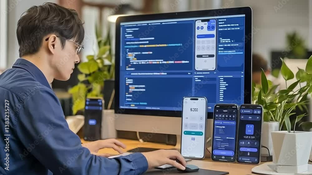 Wall mural male developer focused on coding and testing mobile app interfaces across multiple devices in office