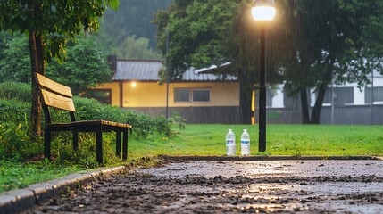 Obraz premium Football field, slightly muddy field after rain, on a school field, empty and peaceful, early morning mist