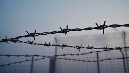 A close-up shot of a barbed wire fence, suitable for use in scenes about confinement, security, or isolation