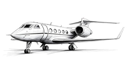 A detailed pencil sketch illustration depicts a private luxury jet airplane ready for takeoff on a runway.