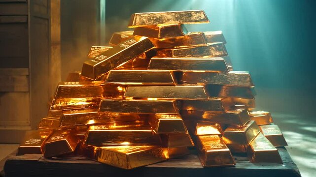Pila de lingotes de oro con iluminaci&oacute;n dram&aacute;tica y c&aacute;mara girando lentamente