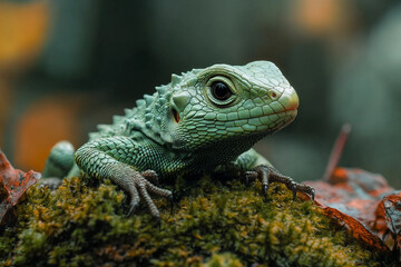 Fototapeta premium Generative AI illustration of a fantasy lizard creature camouflaged with leafy scales and moss in a vivid autumn forest environment